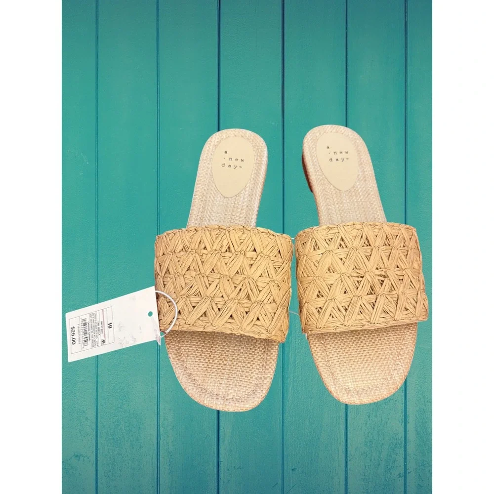 A New Day Tan Arabella Woven Slide Sandals Womens 10 Straw Raffia Flat Slides